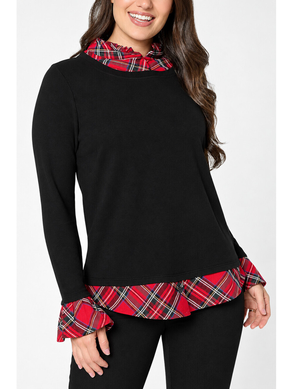 Jingle Belles by Kim Gravel Peekaboo Ruffle Tartan Long Sleeve Top Black X-Large